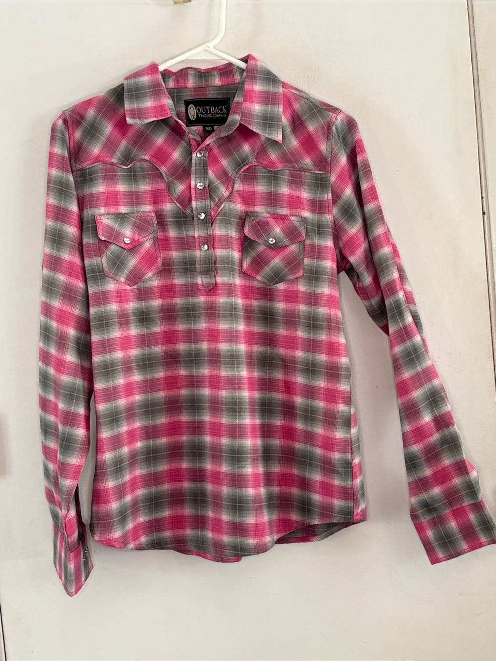 Outback Trading Co pink grey plaid partial button down western shirt Size Medium